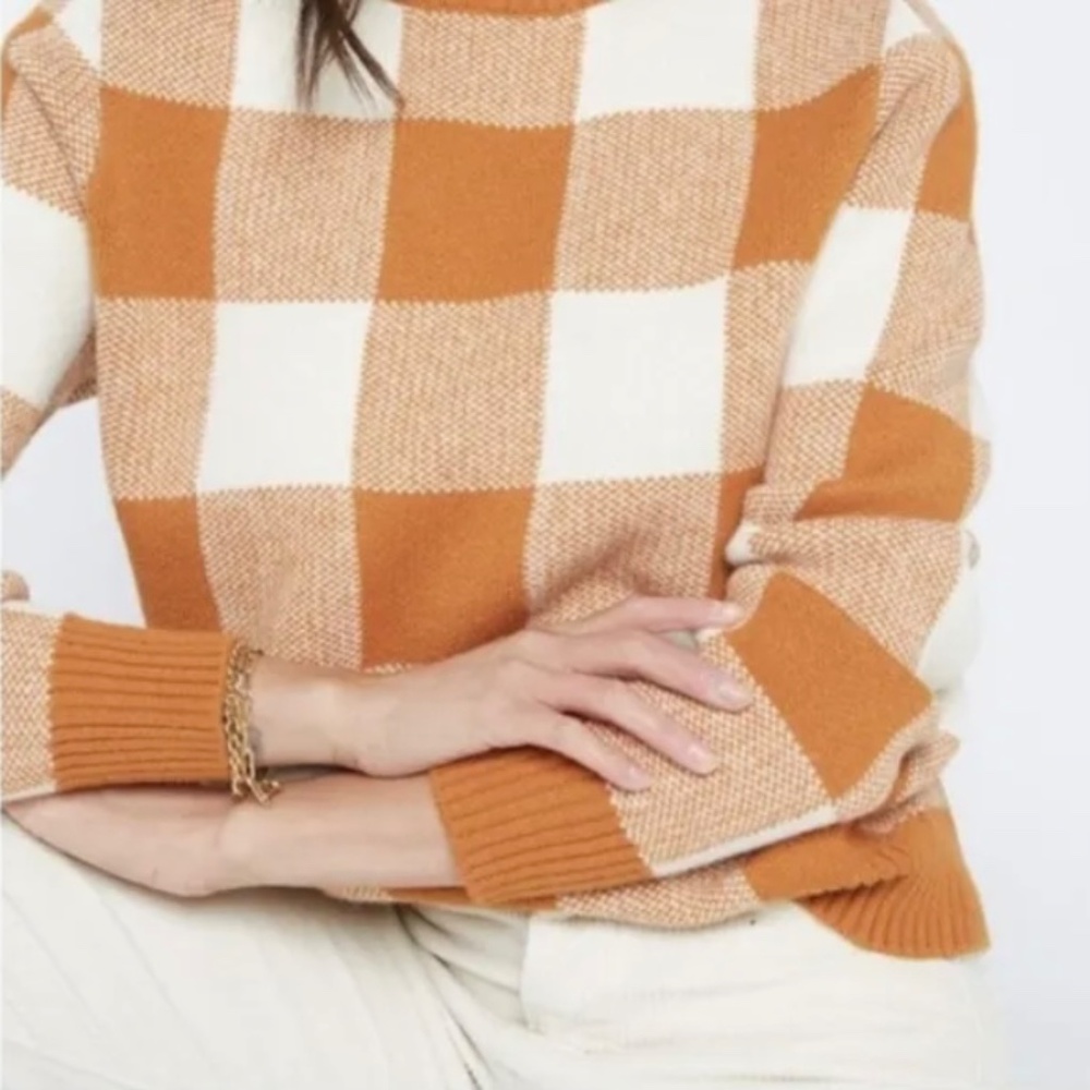 New Callahan Gingham Plaid Knit Mock Neck Sweater Orange Ivory Size Medium - Picture 2 of 13